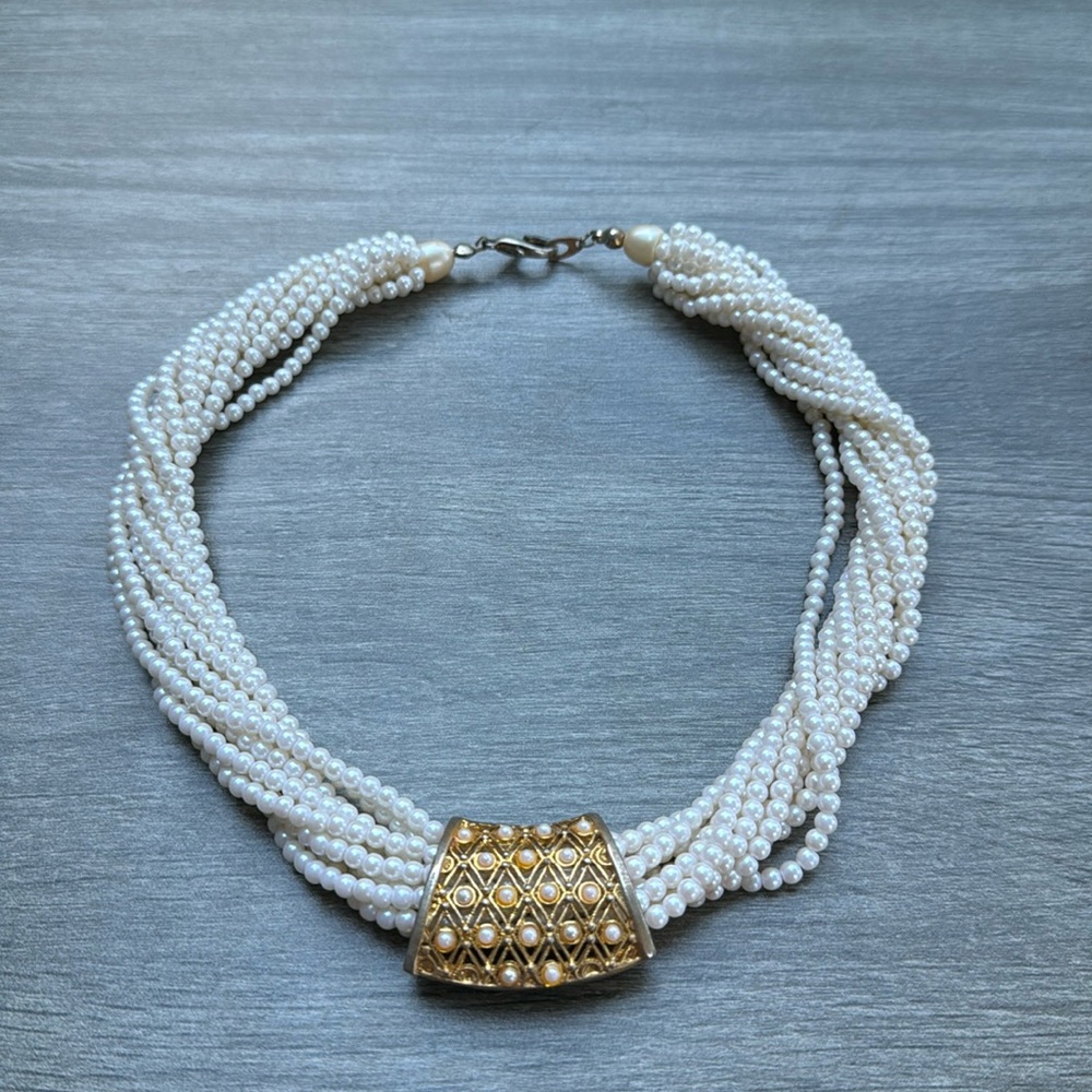 Vintage Multi Strand Faux Pearl Choker Necklace